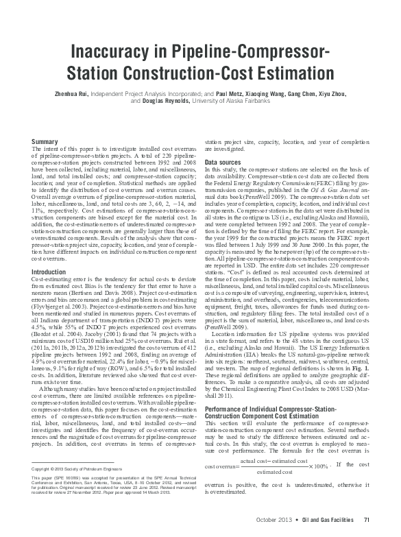 (PDF) Inaccuracy in Pipeline Compressor Station Construction Cost Estimation Xiyu Zhou