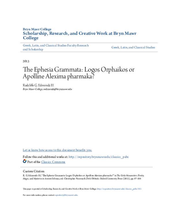 (PDF) The Ephesia Grammata: Logos Orphaïkos or Apolline Alexima Pharmaka?
