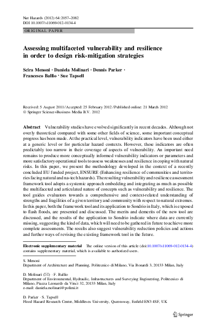 (PDF) Assessing multifaceted vulnerability and resilience in order to ...