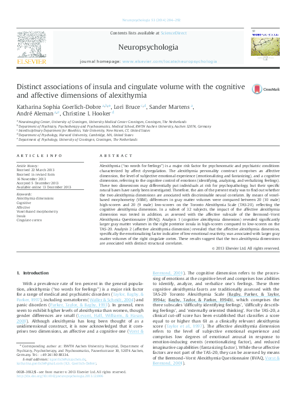 (PDF) Distinct associations of insula and cingulate volume with the ...