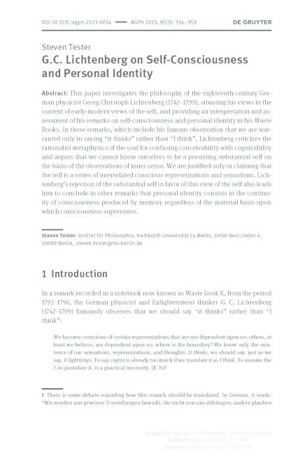 "G.C. Lichtenberg on Self-Consciousness and Personal Identity," Archiv für Geschichte der Philosophie 95 (3) (2013): 336–359.