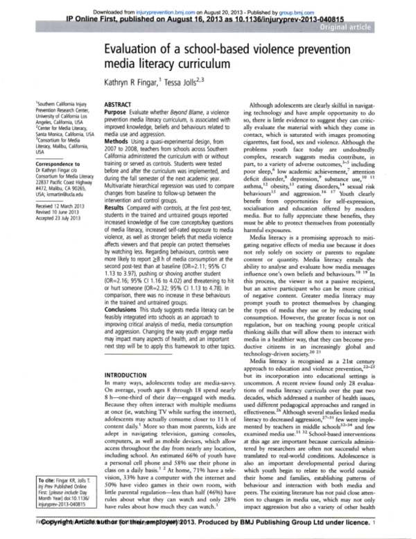 (PDF) Evaluation of A School-Based Violence Prevention Media Literacy ...