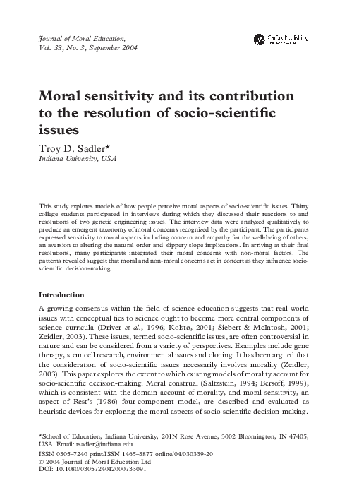 (PDF) Moral sensitivity and its contribution to the resolution of socio ...