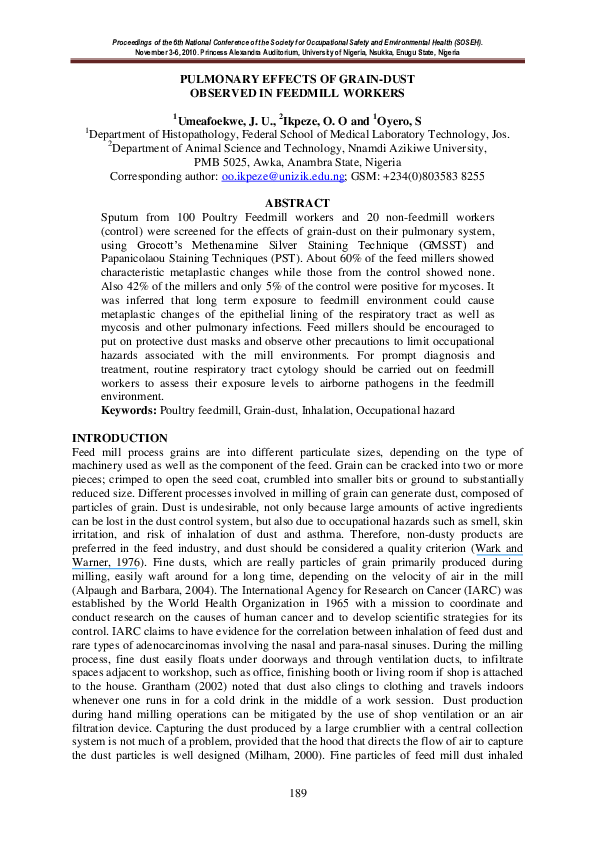 (PDF) Pulmonary effects of graindust observed in feedmill workers Obiora Ikpeze Academia.edu
