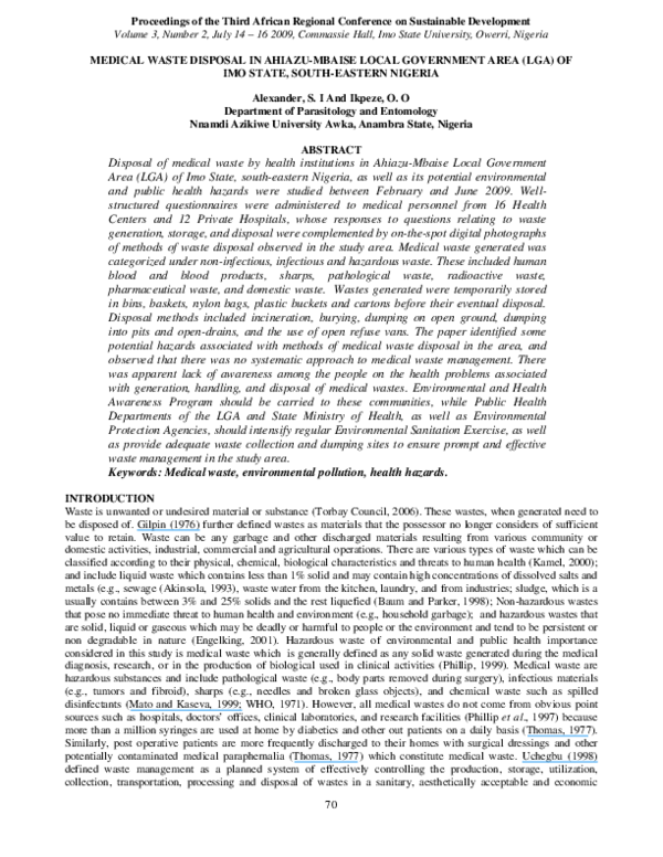 (PDF) Medical waste disposal in AhiazuMbaise Local Government Area