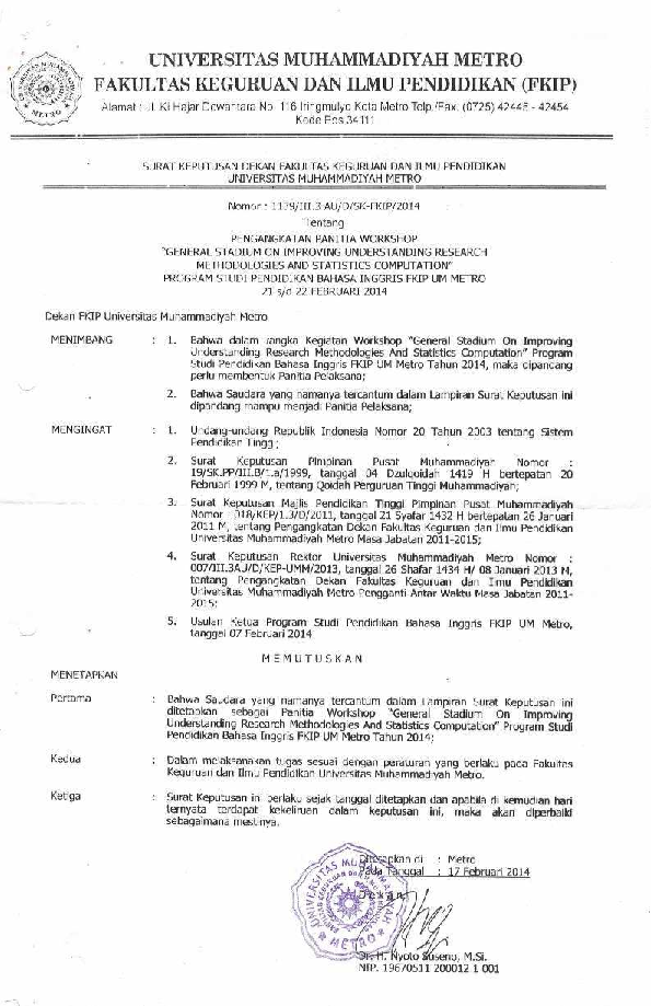 Pdf Sk Panitia Workshop Scientific Reserach Methodologies And Statistic Computation Lilis Sholihah Academia Edu