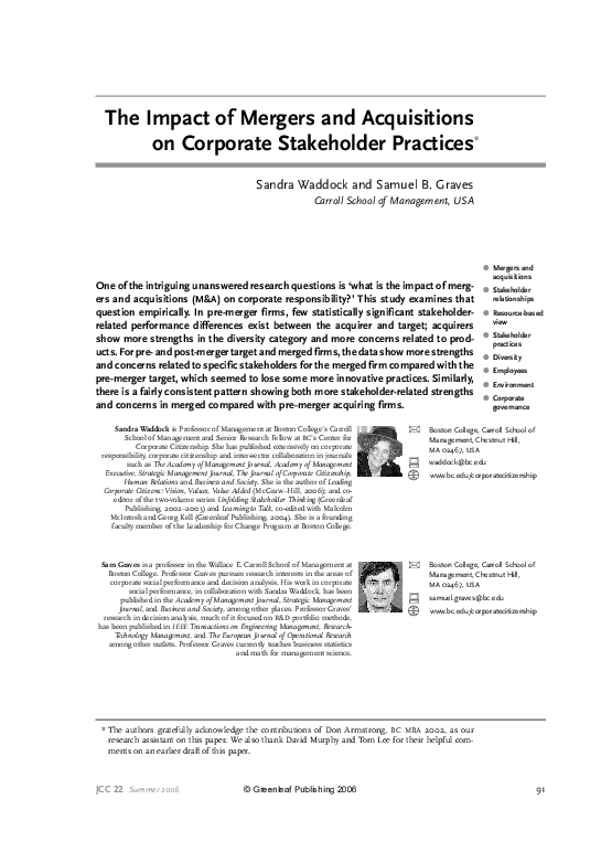 (PDF) The Impact of Mergers and Acquisitions on Corporate Stakeholder ...