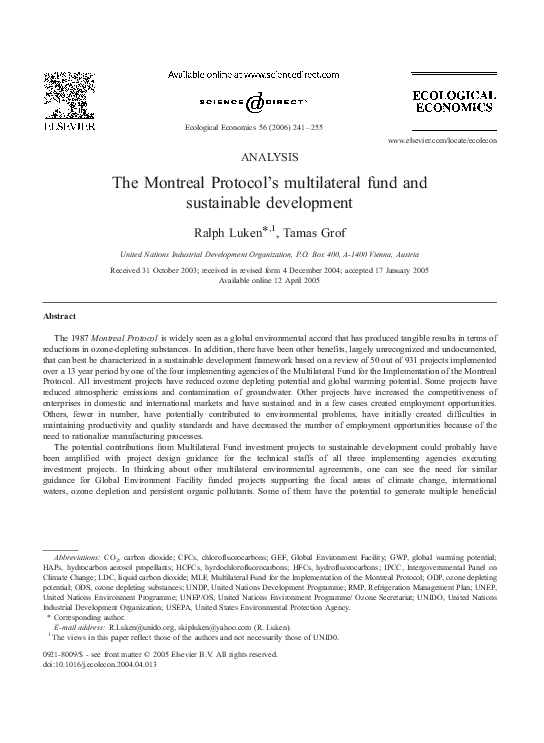(PDF) The Montreal Protocol's multilateral fund and sustainable development