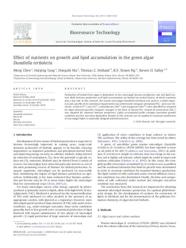 (PDF) Effect of nutrients on growth and lipid accumulation in the green ...