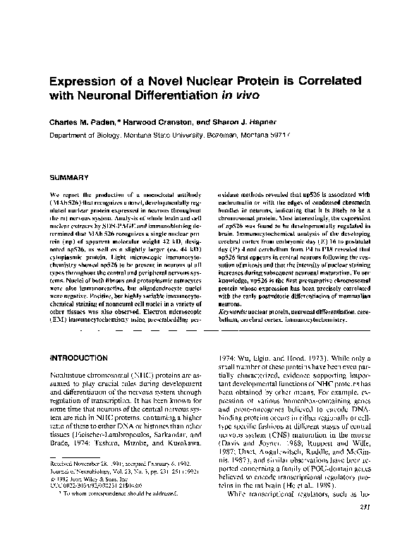 (PDF) Expression of a novel nuclear protein is correlated with neuronal ...