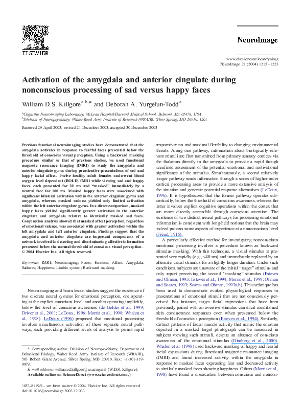 (PDF) Activation of the amygdala and anterior cingulate during ...