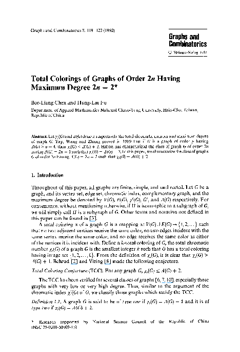 (PDF) Total colorings of graphs of order 2n having maximum degree 2n− 2