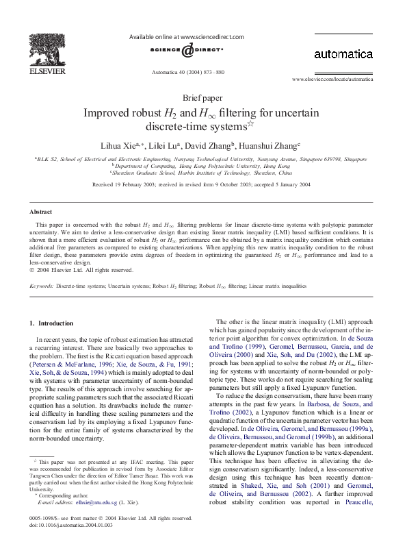 (PDF) Improved robust H2 and H∞ filtering for uncertain discrete-time ...