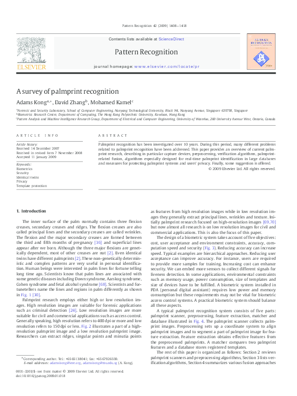 (PDF) A survey of palmprint recognition