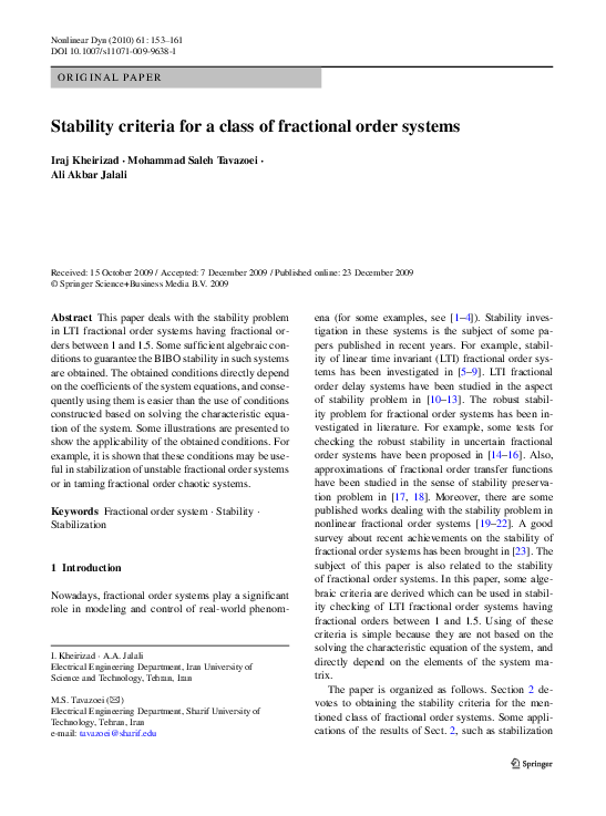 (PDF) Stability criteria for a class of fractional order systems