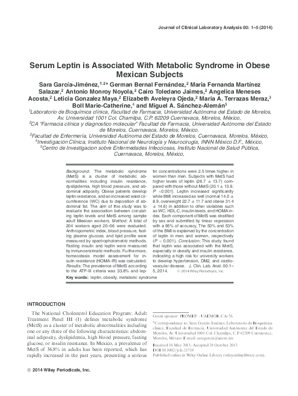 (PDF) Serum Leptin is Associated With Metabolic Syndrome in Obese ...