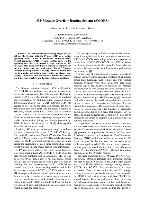 (PDF) SIP Message Overflow Routing Scheme (SMORS)