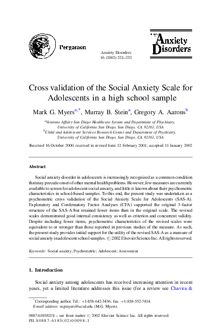 (PDF) Cross validation of the Social Anxiety Scale for Adolescents in a ...