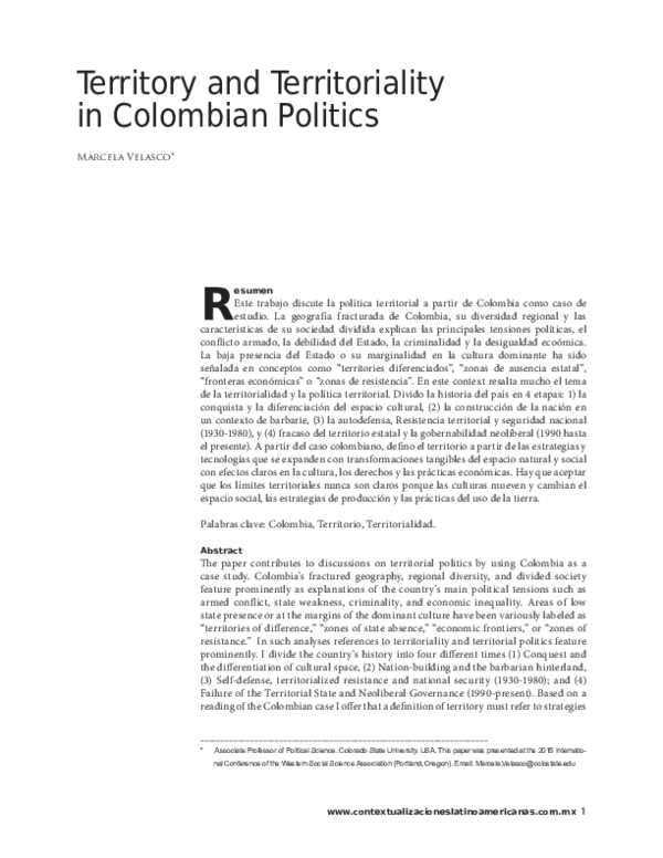 (PDF) Territory and Territoriality in Colombian Politics