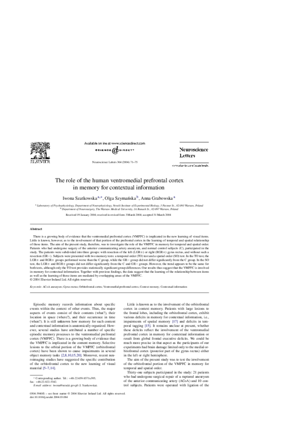 (PDF) The role of the human ventromedial prefrontal cortex in memory ...