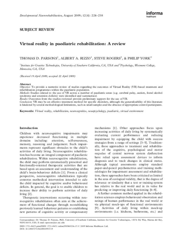 (PDF) Virtual reality in paediatric rehabilitation: A review