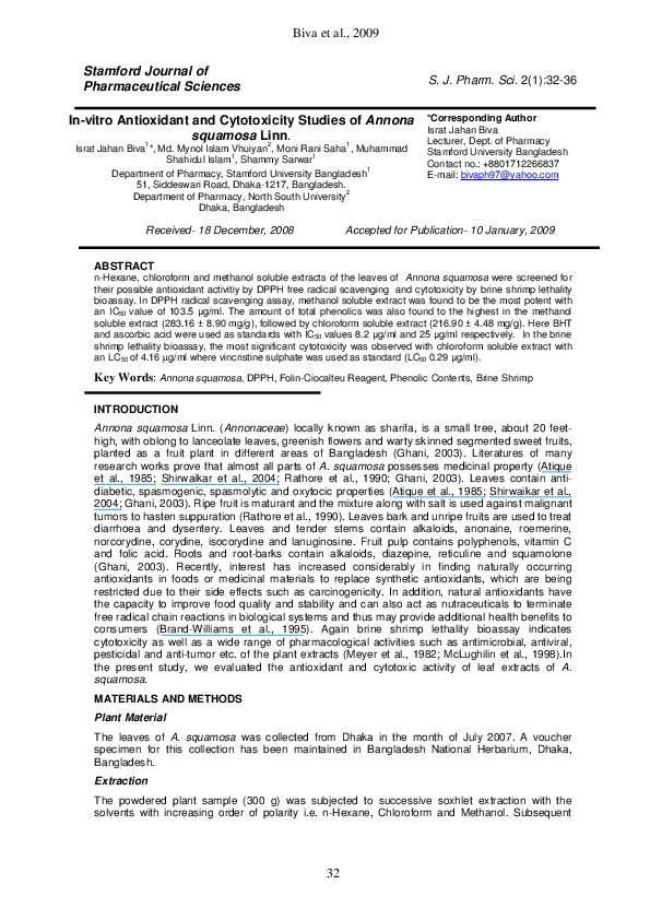 (PDF) In-vitro Antioxidant and Cytotoxicity Studies of Annona squamosa Linn