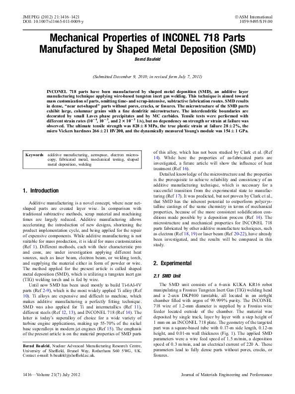(PDF) Mechanical Properties of INCONEL 718 Parts Manufactured by Shaped