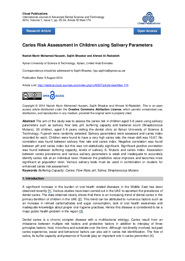 (PDF) Caries Risk Assessment in Children using Salivary Parameters