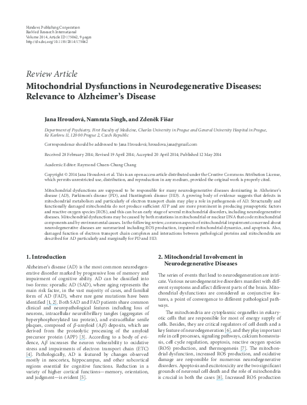 (PDF) Mitochondrial Dysfunctions in Neurodegenerative Diseases ...