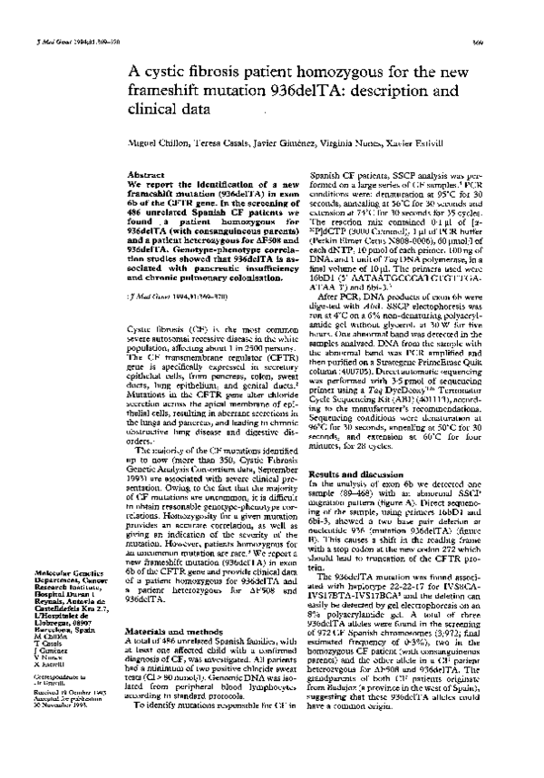 (PDF) A cystic fibrosis patient homozygous for the new frameshift