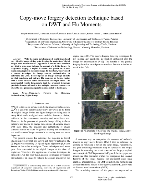 (PDF) Copy-move Forgery Detection Technique based on DWT and Hu Moments