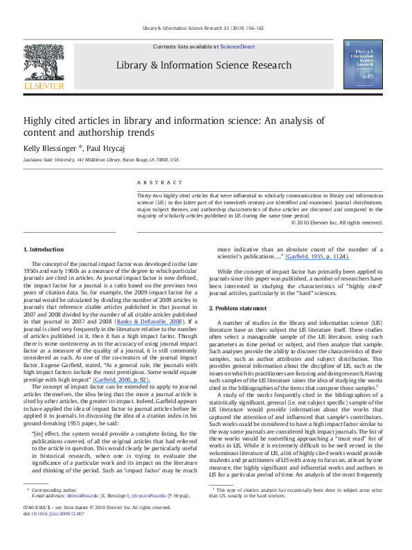 (PDF) Highly cited articles in library and information science: An ...