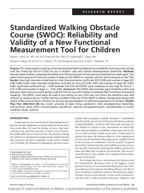 (PDF) Standardized Walking Obstacle Course (SWOC) Reliability and