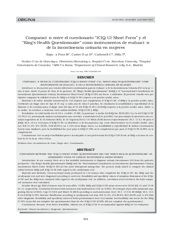 (PDF) Comparación entre el cuestionario “ICIQUI Short Form” y el “King