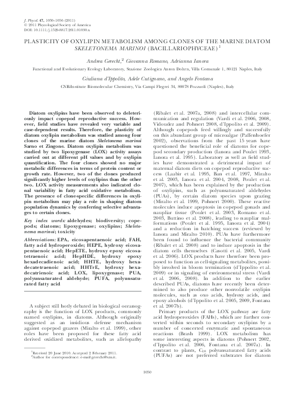 (PDF) PLASTICITY OF OXYLIPIN METABOLISM AMONG CLONES OF THE MARINE ...