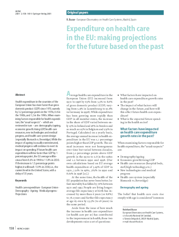 (PDF) Expenditure on health care in the EU: making projections for the ...