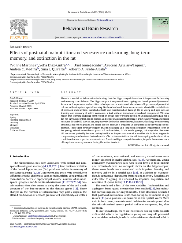(PDF) Effects of postnatal malnutrition and senescence on learning ...
