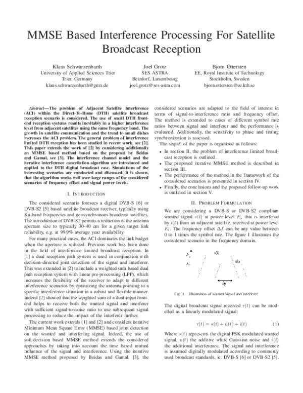 (PDF) MMSE Based Interference Processing For Satellite Broadcast Reception