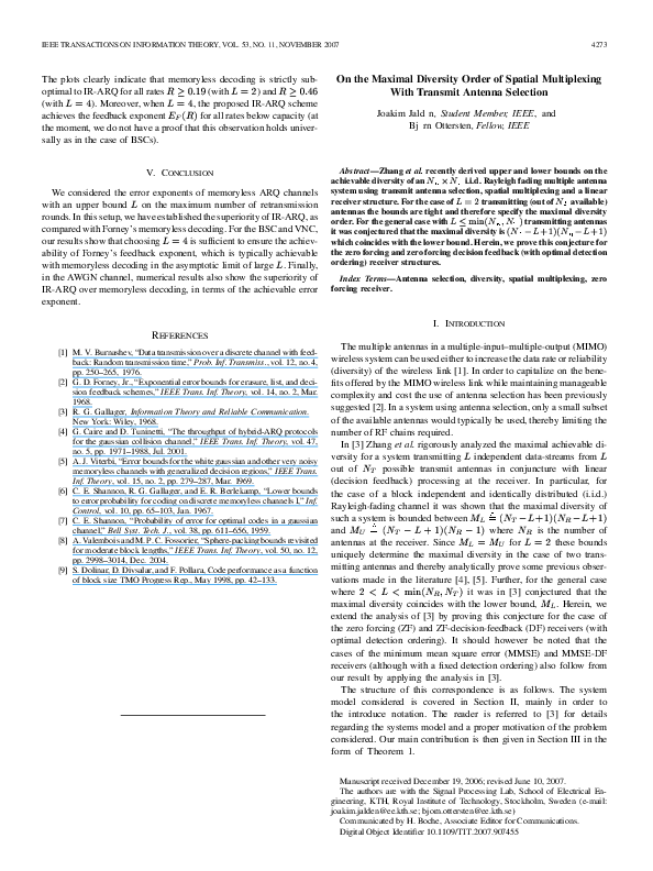 (PDF) On the maximal diversity order of spatial multiplexing with ...