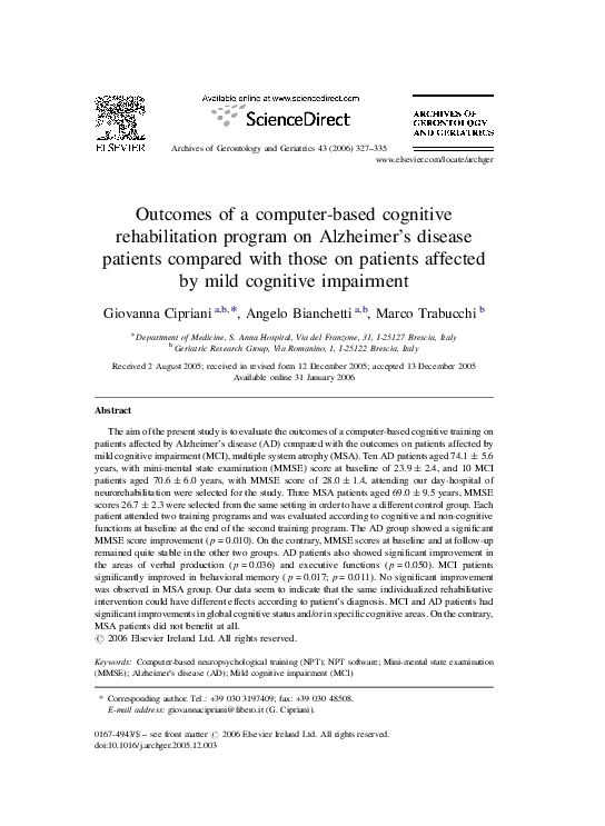(PDF) Outcomes of a computer-based cognitive rehabilitation program on ...