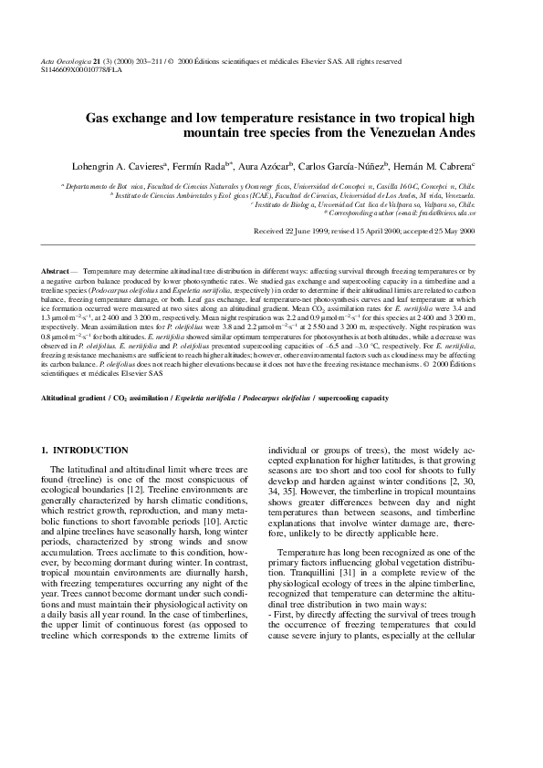 (PDF) Gas exchange and low temperature resistance in two tropical high ...