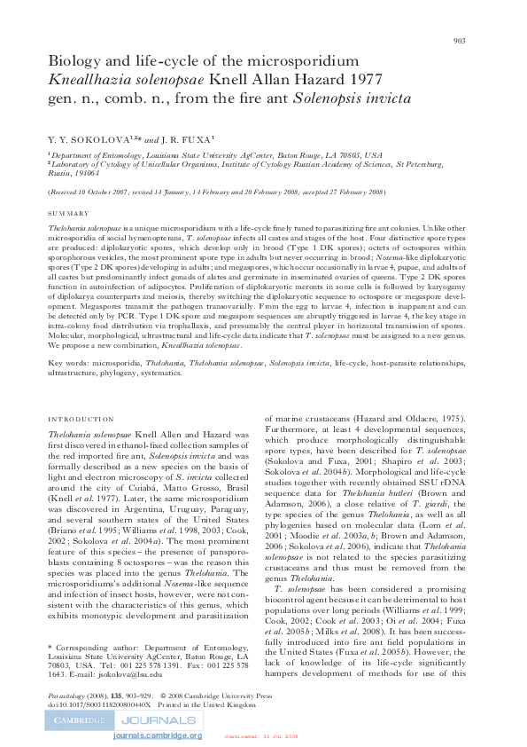 Biology and life-cycle of the microsporidium Kneallhazia solenopsae ...