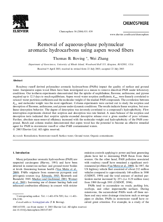 First page of “Removal of aqueous-phase polynuclear aromatic hydrocarbons using aspen wood fibers”