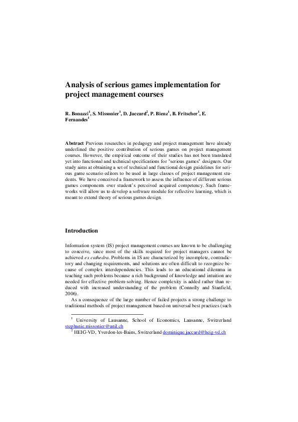 (PDF) Analysis of serious games implementation for project management ...