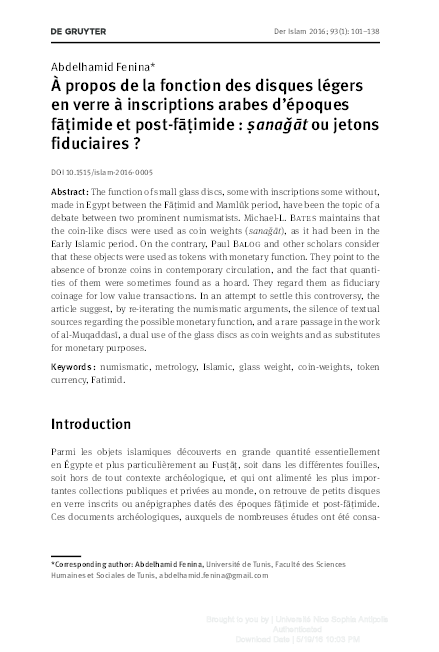 Pdf A Propos De La Fonction Des Disques Legers En Verre A Inscriptions Arabes D Epoques Faṭimide Et Post Faṭimide ṣanaǧat Ou Jetons Fiduciaires Abdelhamid Fenina Academia Edu