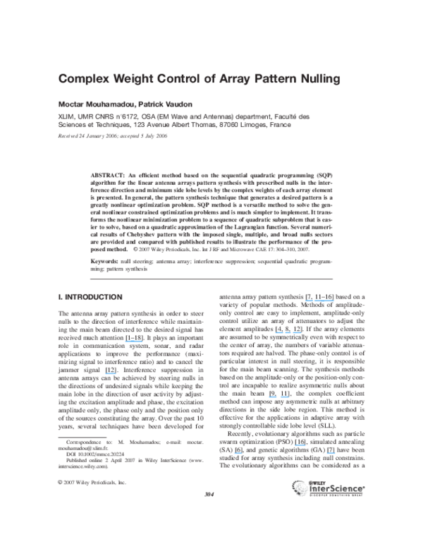 (PDF) Complex weight control of array pattern nulling