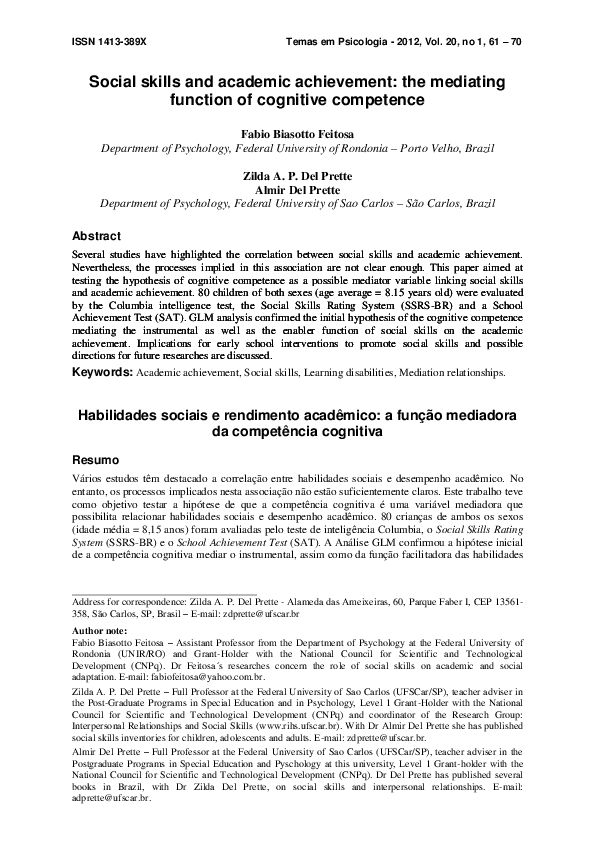(PDF) Social skills and academic achievement: the mediating function of ...