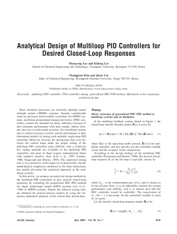 (PDF) Analytical design of multiloop PID controllers for desired closed ...