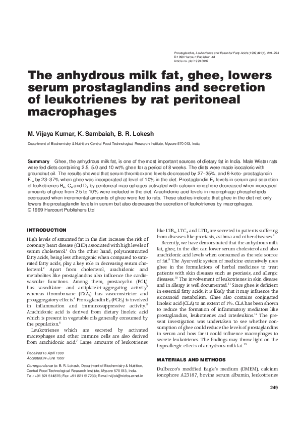 (PDF) The anhydrous milk fat, ghee, lowers serum prostaglandins and secretion of leukotrienes by