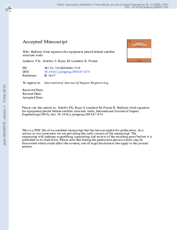 (PDF) Ballistic limit equation for equipment placed behind satellite structure walls Sarah